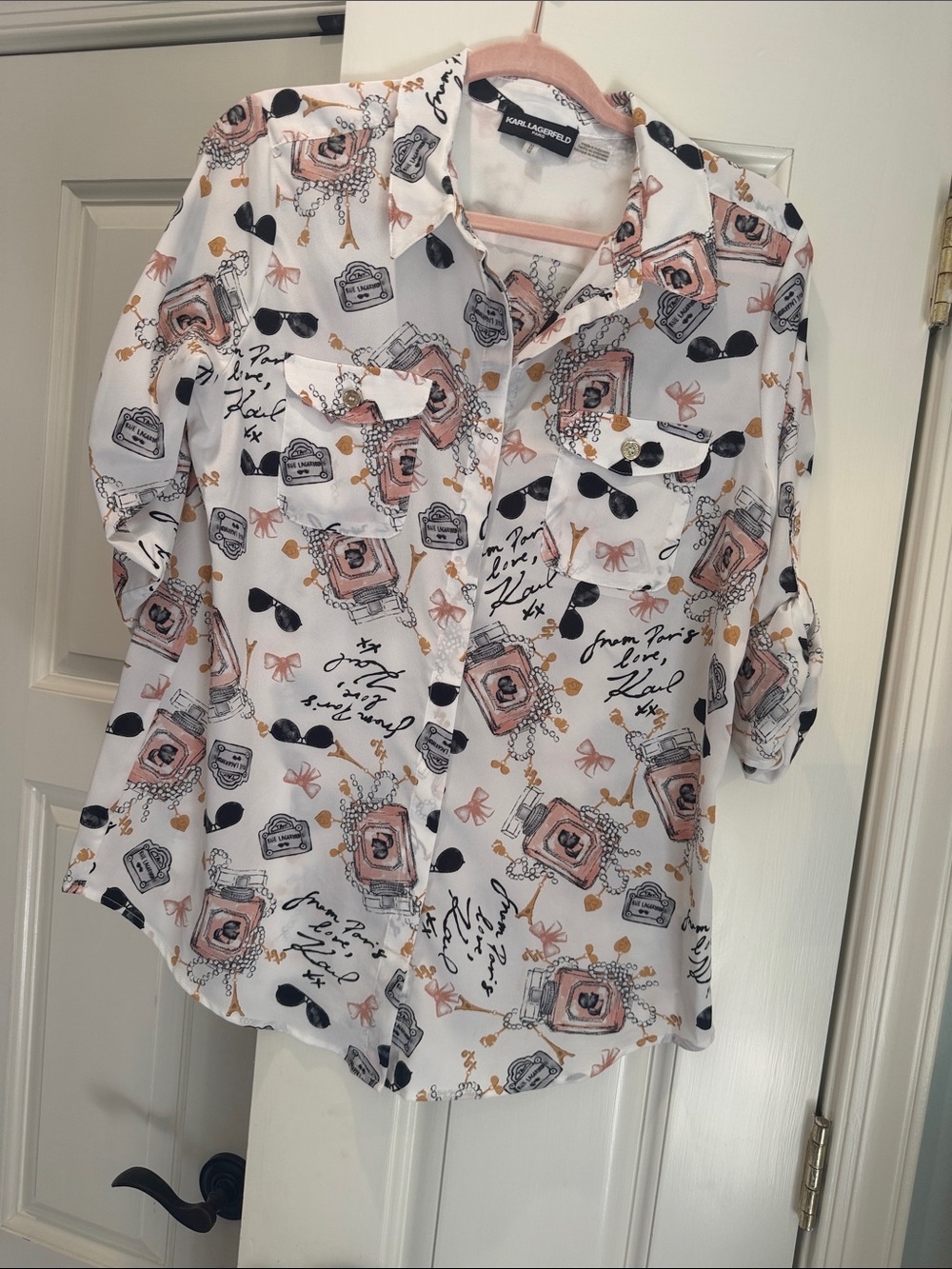 Karl Lagerfeld White Blouse with Pink and Black Graphic Print